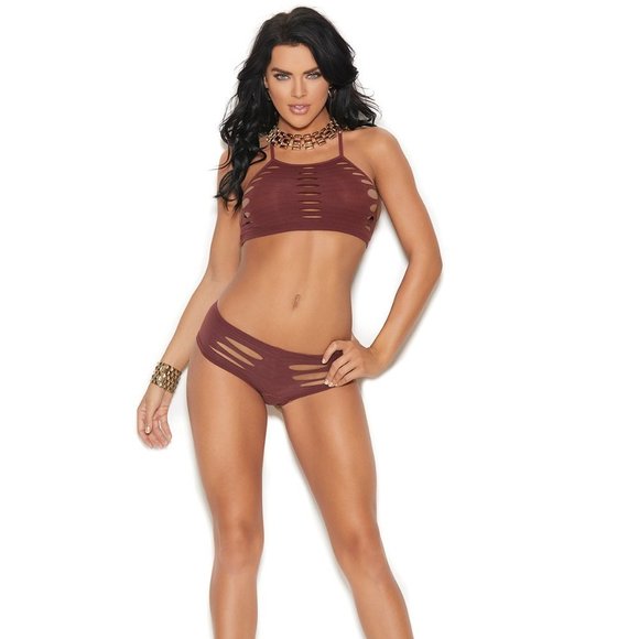 ONE SIZE - BURGUNDY BRALETTE AND BOOTY SHORTS - Picture 1 of 3